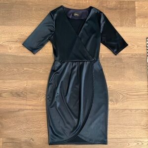 CLUB L London navy satin short sleeved mini dress with tulip hem, 10